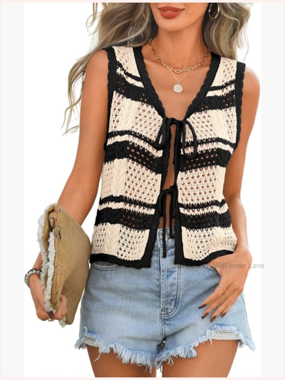 Crochet Top Sleeveless Tie Front Vest Beach Vacation Cover Up Summer Festival